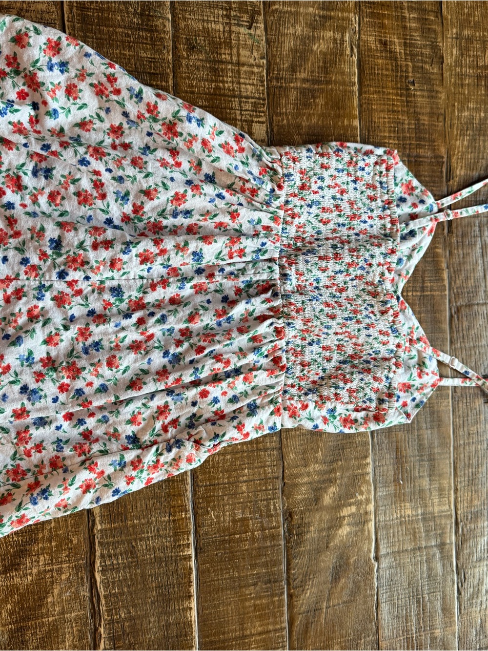 Old Navy White Floral Smocked Romper with Red, Green & Blue Accents